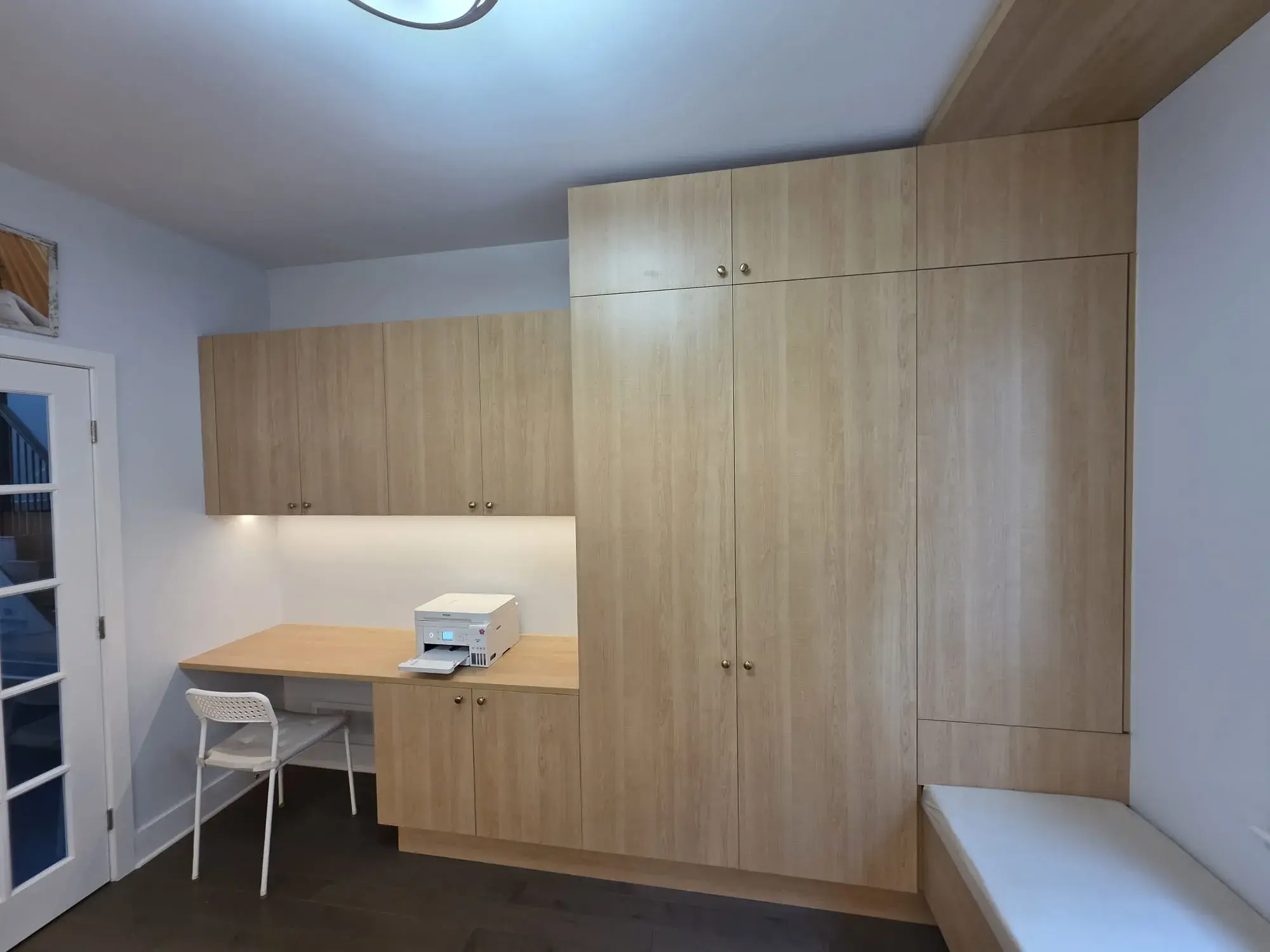 Detailed view of fitted office cabinets and storage